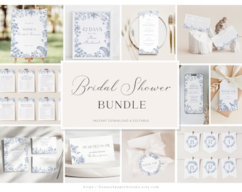 Dusty Blue Bridal Shower Bundle Something Blue Invitation Floral Bridal Shower Decor Chinoiserie Bridal Shower Game Editable Canva Template