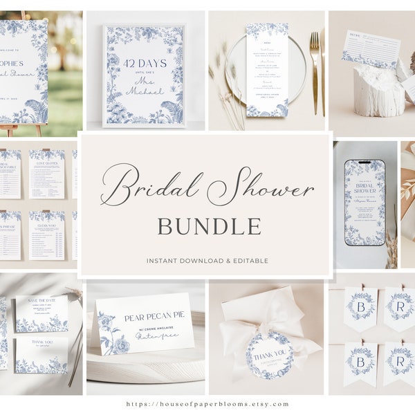 Dusty Blue Bridal Shower Bundle Something Blue Invitation Floral Bridal Shower Welcome Sign Chinoiserie Bridal Shower Game Editable Template