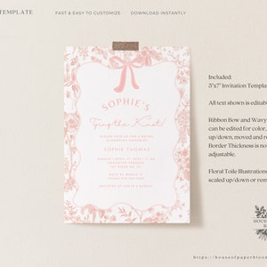 Peut inclure: Un mod&egrave;le d'invitation imprimable rose et blanc pour une f&ecirc;te pr&eacute;nuptiale. L'invitation pr&eacute;sente un motif floral avec un n&oelig;ud en ruban rose et le texte "Sophie's Tying the Knot!" L'invitation mesure 12,7 x 17,8 cm et est enti&egrave;rement personnalisable.