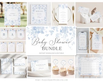 Puede incluir: Un conjunto de papelería para baby shower con un diseño floral azul claro. Incluye invitaciones, pancartas, tarjetas de menú, adornos para cupcakes y un calendario. Se muestra el texto "Baby Shower Bundle".