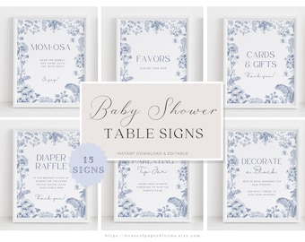 Dusty Blue Table Sign Bundle Blue Baby Shower Sign Chinoiserie Blue Floral Shower Decoration Elegant Blue Boy Shower Game Template HO21