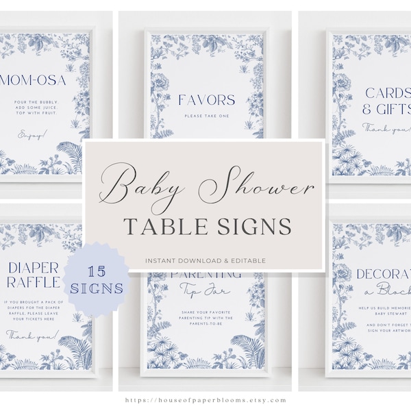 Dusty Blue Table Sign Bundle Blue Baby Shower Sign Chinoiserie Blue Floral Shower Decoration Elegant Blue Boy Shower Game Template HO21