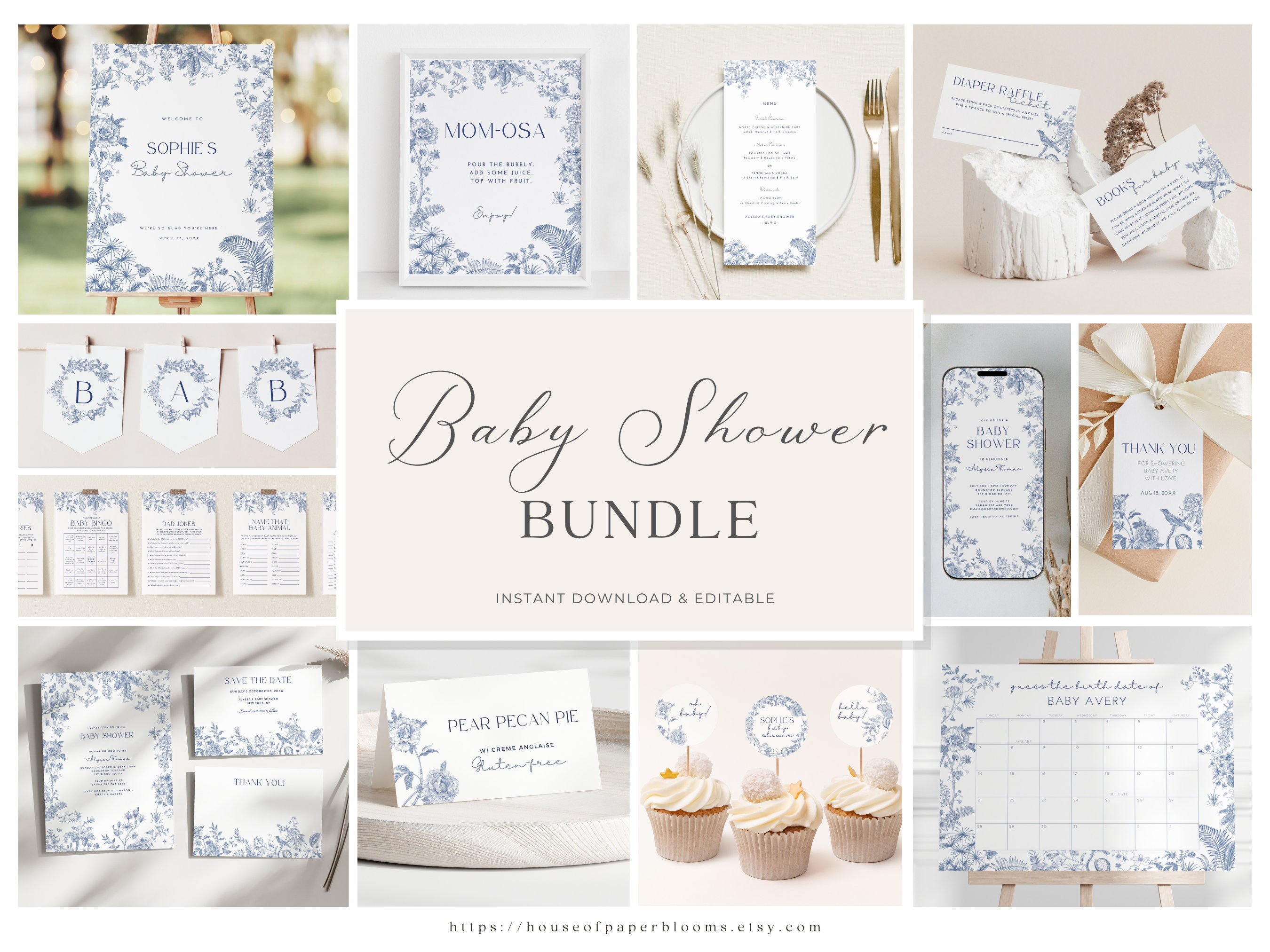 Dusty Blue Baby Shower Decoration Bundle Chinoiserie Baby Boy Shower Ideas Blue Floral Shower Sign Diaper Raffle Game Editable Download HO21