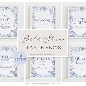 Ensemble de panneaux de table de douche nuptiale chinoiseries bleu poussiéreux, lot de quelque chose de bleu, jeux de mariée vintage, décoration florale bleue pour la douche nuptiale, modèle élégant