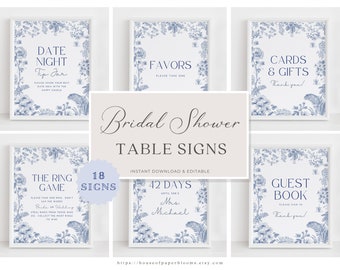 Dusty Blue Chinoiserie Brautdusche Tisch Zeichen Bundle etwas Blau Braut Spiel Vintage Floral Hochzeit Dusche Party Dekor Canva Vorlage