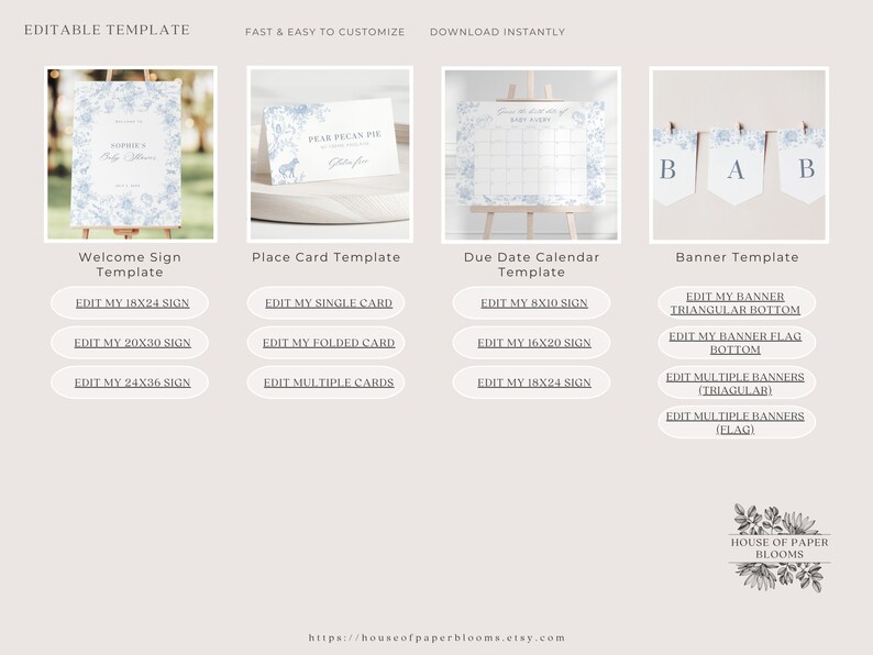 May include: Editable templates for a baby shower or gender reveal party. The templates include a welcome sign, place cards, a due date calendar, and banners. The design features a blue and white floral pattern.