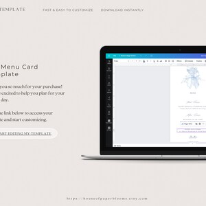 May include: A laptop screen displaying a menu card template with a blue floral design. The text on the screen reads "4x9 Menu Card Template".