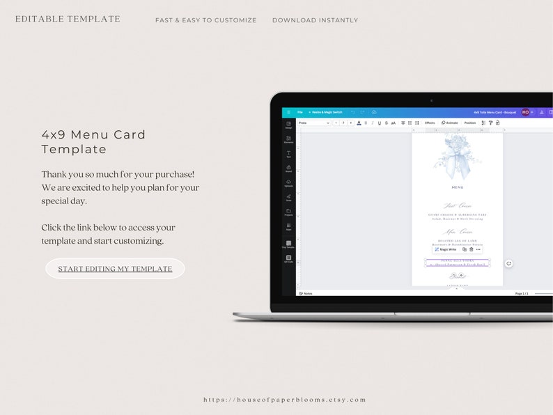 May include: A laptop screen displaying a menu card template with a blue floral design. The text on the screen reads "4x9 Menu Card Template".