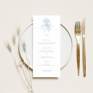 Bloemen Toile menukaart elegante babyshower plaatskaart blauwe bloemen menusjabloon blauwe strik bruids douche bewerkbaar menu decor jongen babyshower