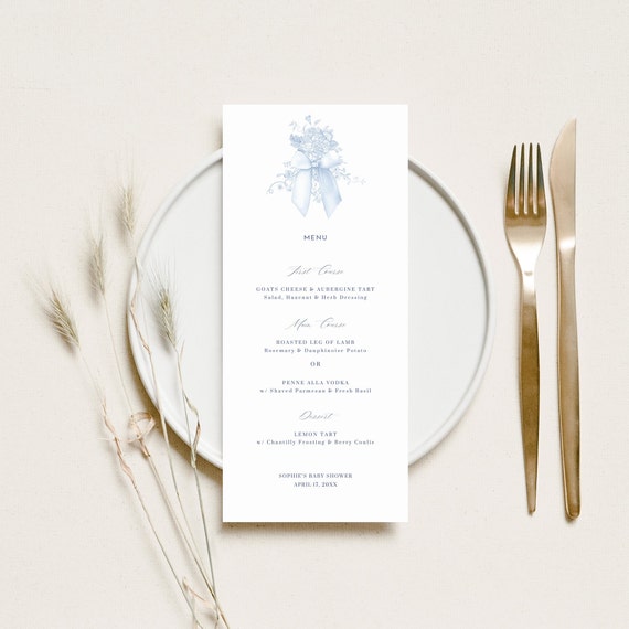 Floral Toile Menu Card Elegant Baby Shower Place Card Blue Floral Menu Template Blue Bow Bridal Shower Editable Menu Boy Baby Shower Decor