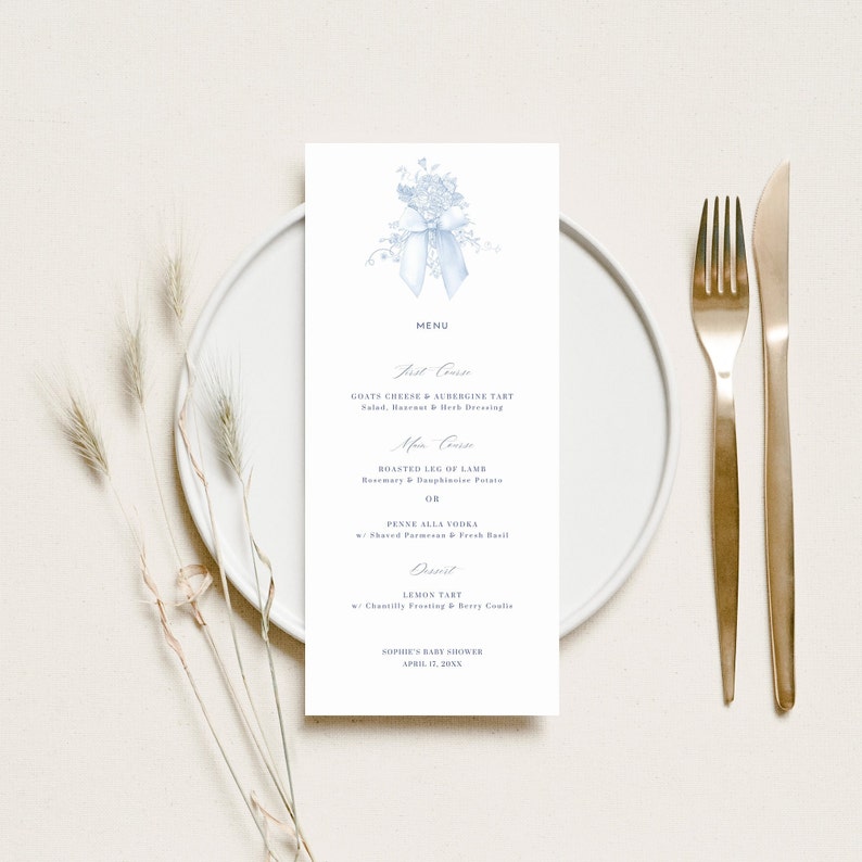 Floral Toile Menu Card Elegant Baby Shower Place Card\