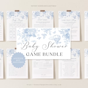 Lot de jeux de baby shower Toile de Jouy élégant modèle de prédiction de ballon à air chaud pour baby shower à fleurs bleues imprimable