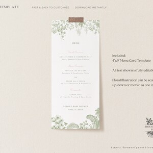 May include: A printable 4x9 inch menu card template with a floral design. The menu card features a sample menu for a baby shower with the text "Sophie's Baby Shower, April 17, 20XX".