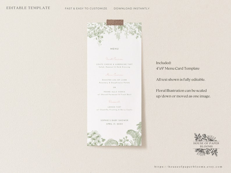 May include: A printable 4x9 inch menu card template with a floral design. The menu card features a sample menu for a baby shower with the text "Sophie's Baby Shower, April 17, 20XX".