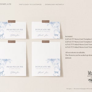 May include: Four printable menu card templates featuring a blue and white floral design with a horse illustration. The templates are available in two sizes: 2.25 x 3.75 inches and 4.5 x 3.75 inches. The text on the templates is editable and the flowers can be scaled up or down.