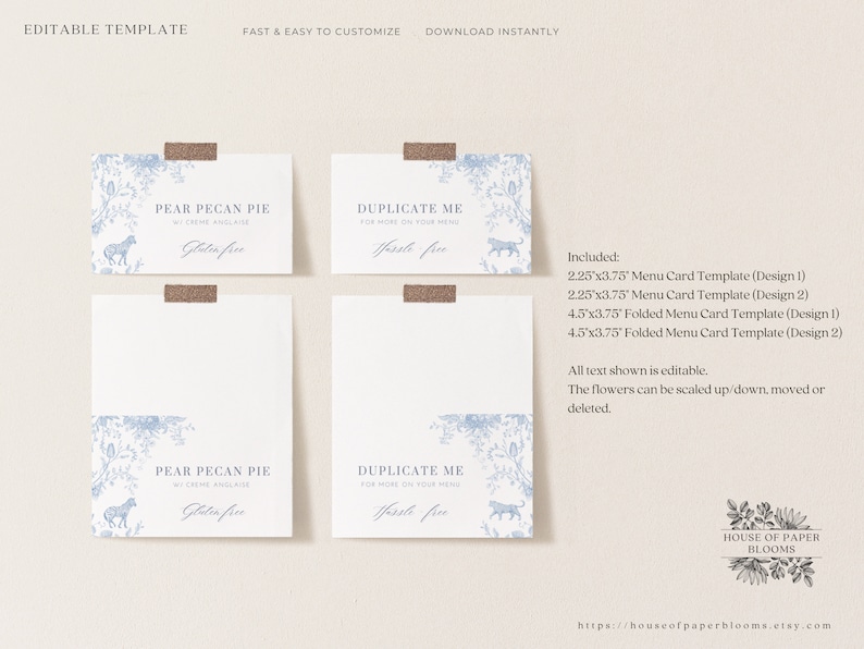 May include: Four printable menu card templates featuring a blue and white floral design with a horse illustration. The templates are available in two sizes: 2.25 x 3.75 inches and 4.5 x 3.75 inches. The text on the templates is editable and the flowers can be scaled up or down.