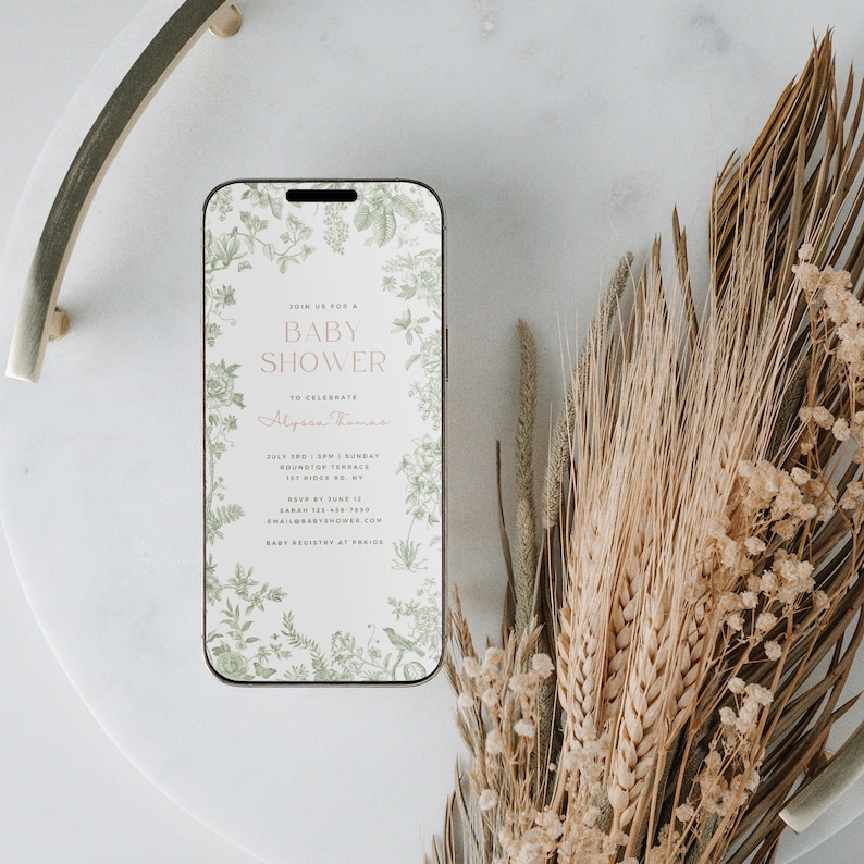 May include: A digital invitation for a baby shower with a floral design. The invitation reads "Join us for a Baby Shower to celebrate Alyse Thomas. July 2nd | 1:00 PM | Sunday Roundtop Terrace 1st Ridge Rd, NY RSVP by June 17 Sarah 123-456-7890 email: babyshower.com Baby Registry at Target"