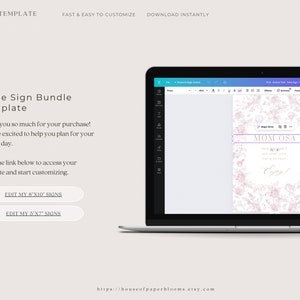 May include: A laptop screen displaying a pink and white floral design with the text "MOM-OSA" and "Cheers to the happy couple!" in gold lettering. The text "Etsy!" is also in gold lettering. The laptop screen is open to a design program with a toolbar at the top. The text "Editable Template" is at the top of the screen. Below the laptop screen is the text "https://houseofpaperblooms.etsy.com".
