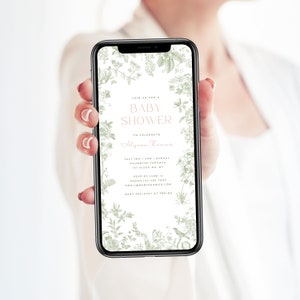 May include: A digital invitation for a baby shower with a green floral border. The invitation reads "Join us for a Baby Shower to celebrate Alyssa Thomas. July 3rd 1 PM | Sunday Bound Top Terrace 1st Ridge Rd, NY RSVP by June 12 Sarah 123.456.7890 emailbabyshower.com Baby Registry at Period"