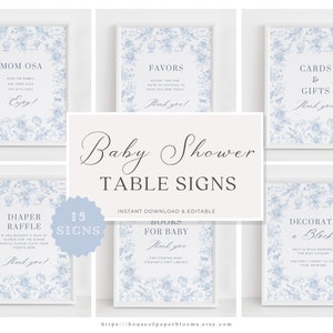 Paquete de letreros de mesa para baby shower con diseño de toile floral, elegante letrero para baby shower, decoración azul francesa, juego para baby shower de niño, plantilla de globo aerostático con animales