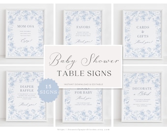 Floral Toile Baby Shower Table Sign Bundle Elegant Baby Shower Sign French Blue Decor Baby Boy Shower Game Animal Hot Air Balloon Template