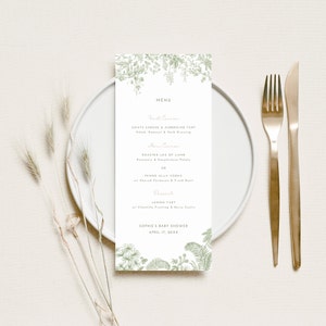 Karta menu z motywem kwiatowym w kolorze szałwii Elegancki szablon menu na baby shower Menu na imprezę safari neutralne pod względem płci Dekoracja ogrodowa Szablon karty miejsca