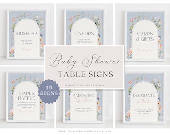 Soft Blue Baby Shower Table Sign Bundle | Size 5x7, 8x10 | Printable Signs| Wildflower Baby | Instant Editable Download