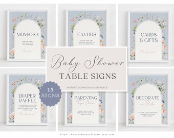 Boy Baby Shower Table Signs 15 Signs Wildflower Blue Editable Canva Template Diaper Raffle Sign Bundle Printable Instant Download