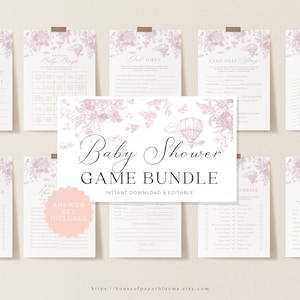Pink Toile de Jouy Baby Shower Game Bundle Elegant Baby Girl Shower Idea Pink Floral Baby Shower Activity Hot Air Balloon Printable Template