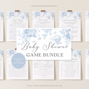 May include: A set of printable baby shower game cards featuring a blue and white floral design. The cards include games such as "Baby Scattergories", "Dad Jokes", "Name That Song", and "Celebrity Baby Names".