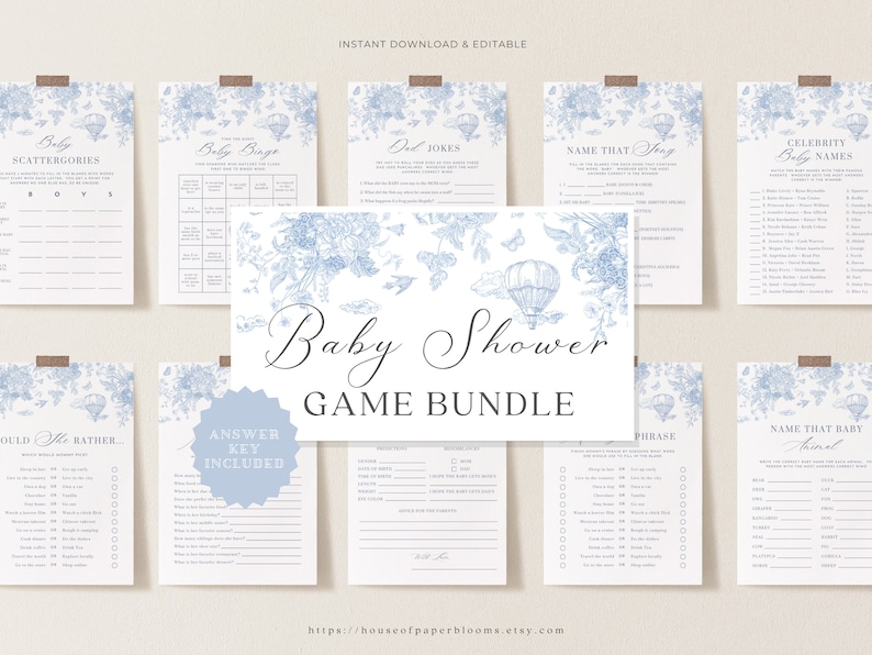 May include: A set of printable baby shower game cards featuring a blue and white floral design. The cards include games such as "Baby Scattergories", "Dad Jokes", "Name That Song", and "Celebrity Baby Names".