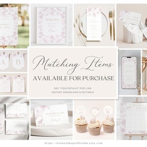 May include: A set of printable baby shower party decorations with a floral design in pink and white. The set includes a welcome sign, a banner, a menu, a favor tag, a cupcake topper, and a guest book. The text on the sign reads "Momosa". The text on the banner reads "B A B". The text on the menu reads "Pear Pecan Pie". The text on the favor tag reads "Thank You". The text on the cupcake topper reads "Baby". The text on the guest book reads "Guest Book".