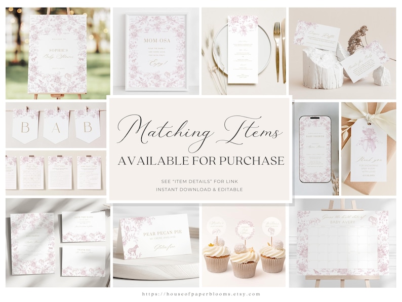 May include: A set of printable baby shower party decorations with a floral design in pink and white. The set includes a welcome sign, a banner, a menu, a favor tag, a cupcake topper, and a guest book. The text on the sign reads "Momosa". The text on the banner reads "B A B". The text on the menu reads "Pear Pecan Pie". The text on the favor tag reads "Thank You". The text on the cupcake topper reads "Baby". The text on the guest book reads "Guest Book".