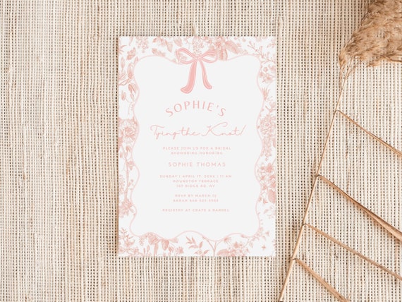 Pink Floral Toile Bridal Shower Invitation Tying the Knot Ribbon Invite Vintage Wedding Shower Chinoiserie Invite Wavy Border Template