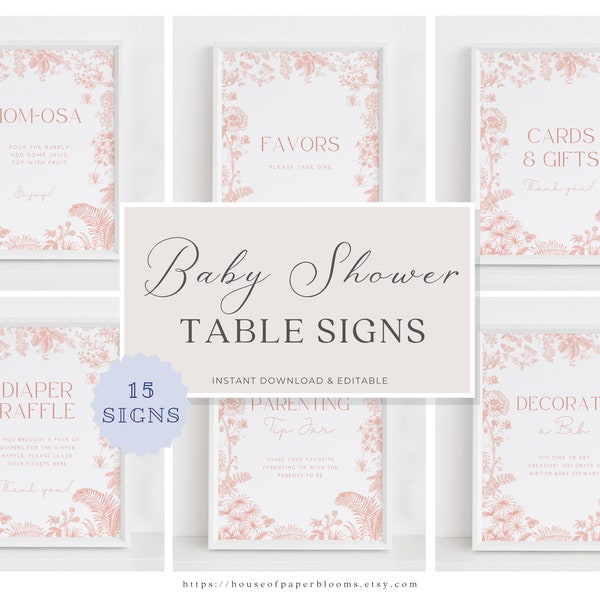 Peach Blush Pink Baby Shower Table Sign Bundle Vintage Pink Floral Sign Blush Baby Shower Game Elegant Girl Baby Shower Bundle Template HO22