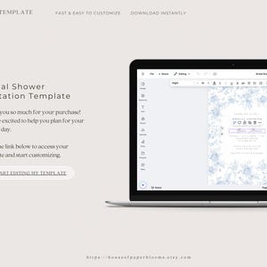 K&ouml;nnte beinhalten: Ein Laptop-Bildschirm zeigt eine blaue und wei&szlig;e florale Einladungsvorlage f&uuml;r eine Brautparty. Der Text auf dem Bildschirm lautet "Bridal Shower Invitation Template".