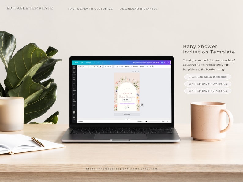 May include: A laptop computer displaying a baby shower invitation template with floral designs. The template is customizable and available in three sizes: 18x24 inches, 20x30 inches, and 24x36 inches.
