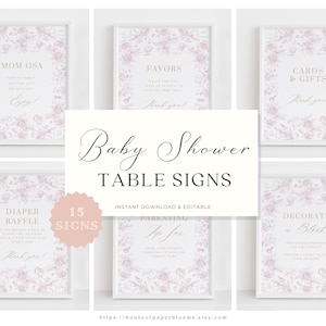 Ensemble d'enseignes de table de baby shower en toile rose Élégante enseigne de baby shower pour petite fille Décoration florale rose Modèle de jeu de baby shower safari en montgolfière