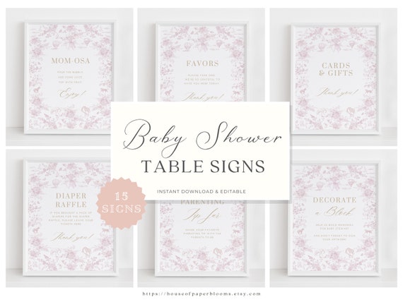 Pink Toile Baby Shower Table Sign Bundle Elegant Baby Girl Shower Sign Pink Floral Decor Safari Baby Shower Game Hot Air Balloon Template