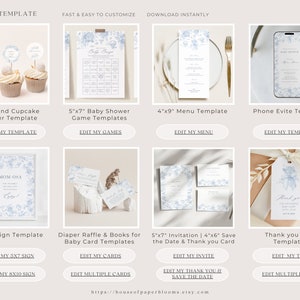 May include: A collection of printable templates for a baby shower, featuring a blue and white floral design. The templates include cupcake toppers, game cards, a menu, a phone evite, a table sign, diaper raffle cards, an invitation, a save the date card, and a thank you tag.
