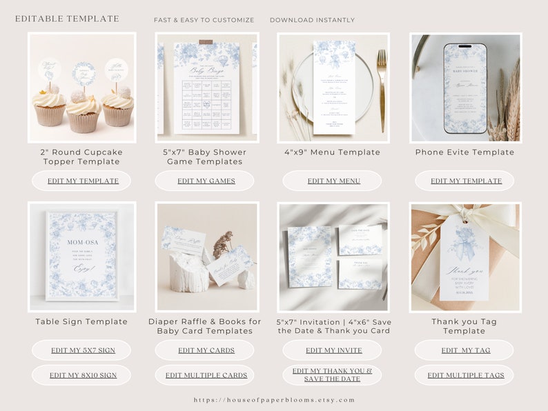 May include: A collection of printable templates for a baby shower, featuring a blue and white floral design. The templates include cupcake toppers, game cards, a menu, a phone evite, a table sign, diaper raffle cards, an invitation, a save the date card, and a thank you tag.