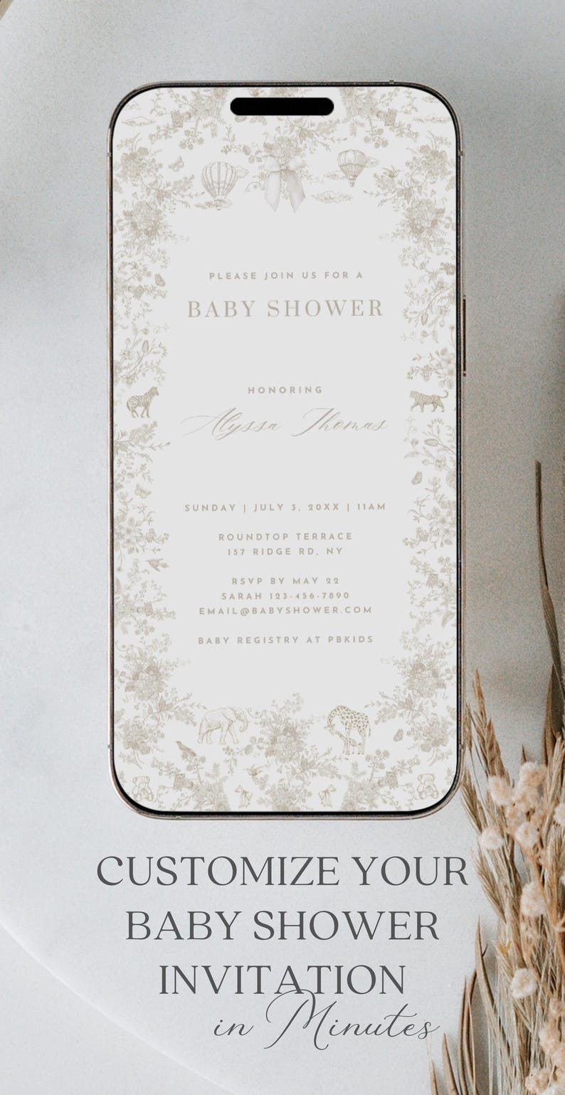 May include: A white and gray baby shower invitation with a floral design and a phone-shaped frame. The invitation includes the text "Please join us for a baby shower honoring Alyssa Thomas" and details about the event, including the date, time, location, RSVP information, and baby registry details.