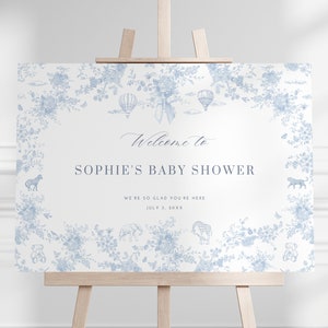 Placa de boas-vindas para chá de bebê Toile de Jouy Elegante azul para chá de bebê Safari Animal Placa de boas-vindas Toile Balão de ar quente Modelo floral azul