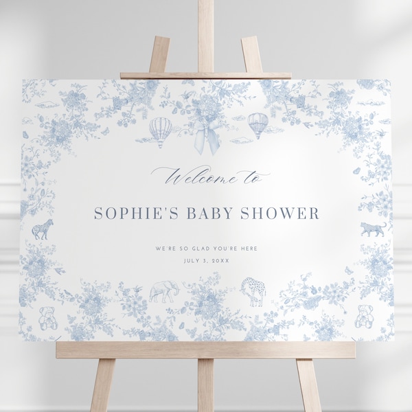 Toile de Jouy Baby Shower Welcome Sign Elegant Blue Baby Shower Safari Animal Toile Welcome Sign Hot Air Balloon Sign Blue Floral Template