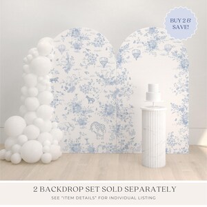 May include: Two white arch backdrops with a blue and white floral pattern. The backdrops are set up for a party or event. The text "BUY 2 & SAVE!" is in a blue circle on the top right corner of the image. The text "2 BACKDROP SET SOLD SEPARATELY" is at the bottom of the image. The text "SEE "ITEM DETAILS" FOR INDIVIDUAL LISTING" is below the text "2 BACKDROP SET SOLD SEPARATELY".