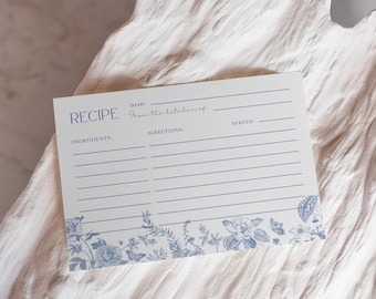 Dusty Blue Bridal Shower Recipe Card Floral Chinoiserie 4x6 Printable Recipe Card For Bride Toile Wedding Keepsake Idea Editable Template
