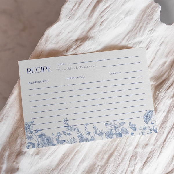 Tarjeta de recetas para despedida de soltera en azul polvoriento con diseño chinoiserie floral de 4 x 6 pulgadas, tarjeta de recetas imprimible para novia, idea de recuerdo de boda, plantilla editable