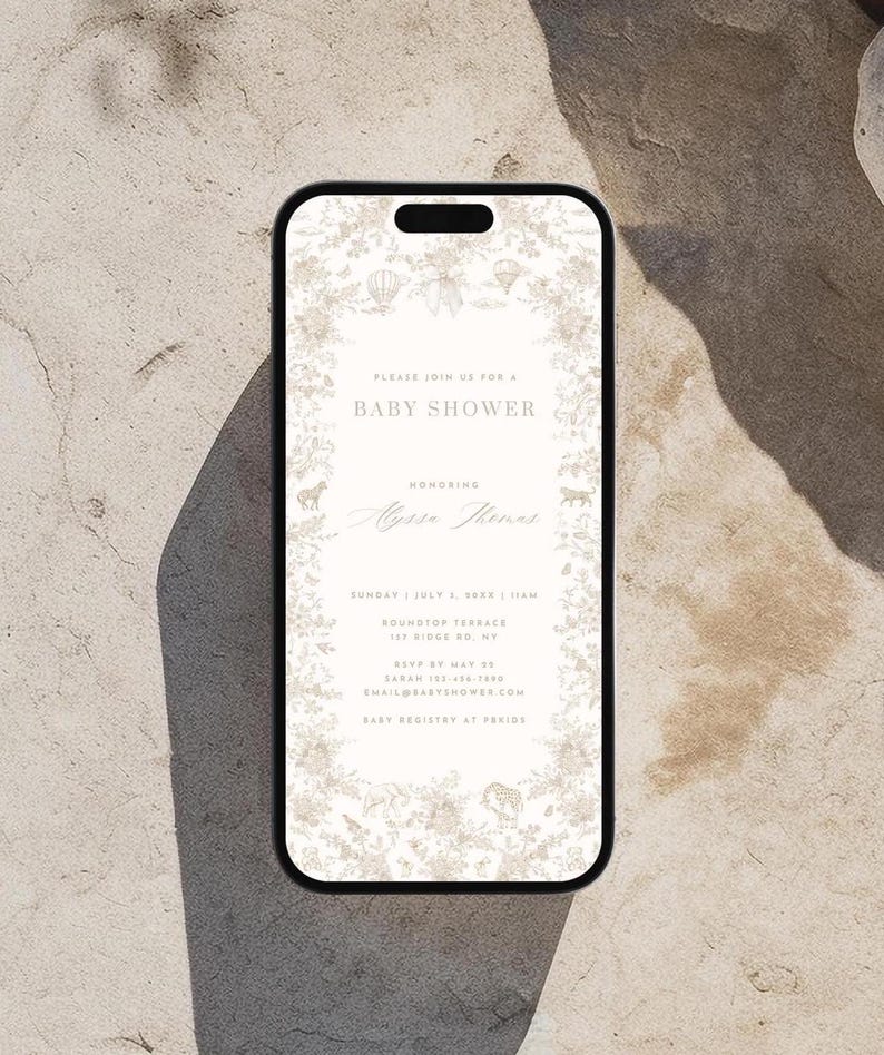 Announcement Toile Paperless Invitation Gender Neutral Invite Editable Template