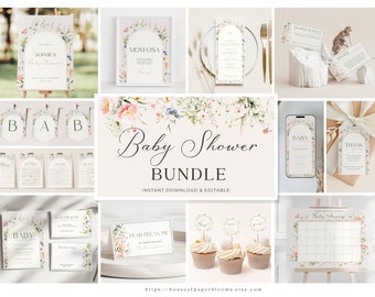 Wildflower Baby Shower Invitation Bundle Neutral Baby in Bloom Decor Green Floral Baby Shower Idea Garden Baby Shower Party Template