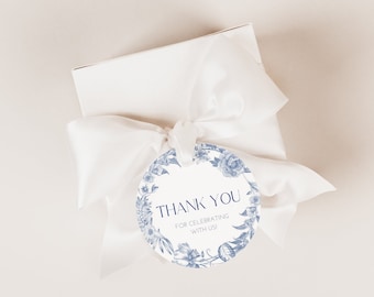 Dusty Blue Round Thank you Gift Tag or Sticker Bridal Shower Party Favor Tag Vintage Blue Floral Cupcake Topper Elegant Gift Tag